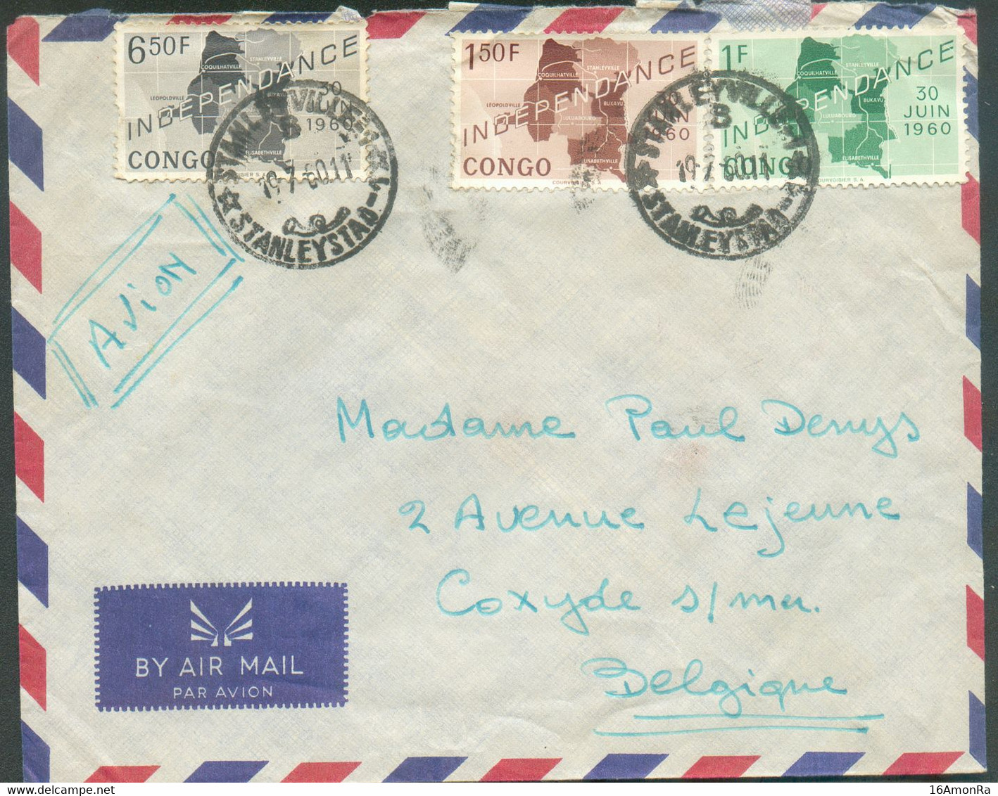 Lettre Par Avion Affr. à 9Fr. (type Indépendance)  Obl. Sc STANLEYVILLE Du 19-7-1960 Vers Coxyde .  18574 - Autres & Non Classés