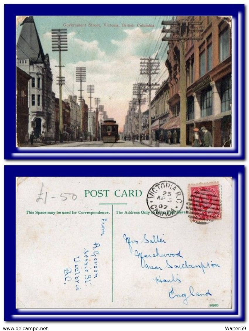 1907 Canada Postcard Government Street  Victoria Posted To England 2scans - Brieven En Documenten