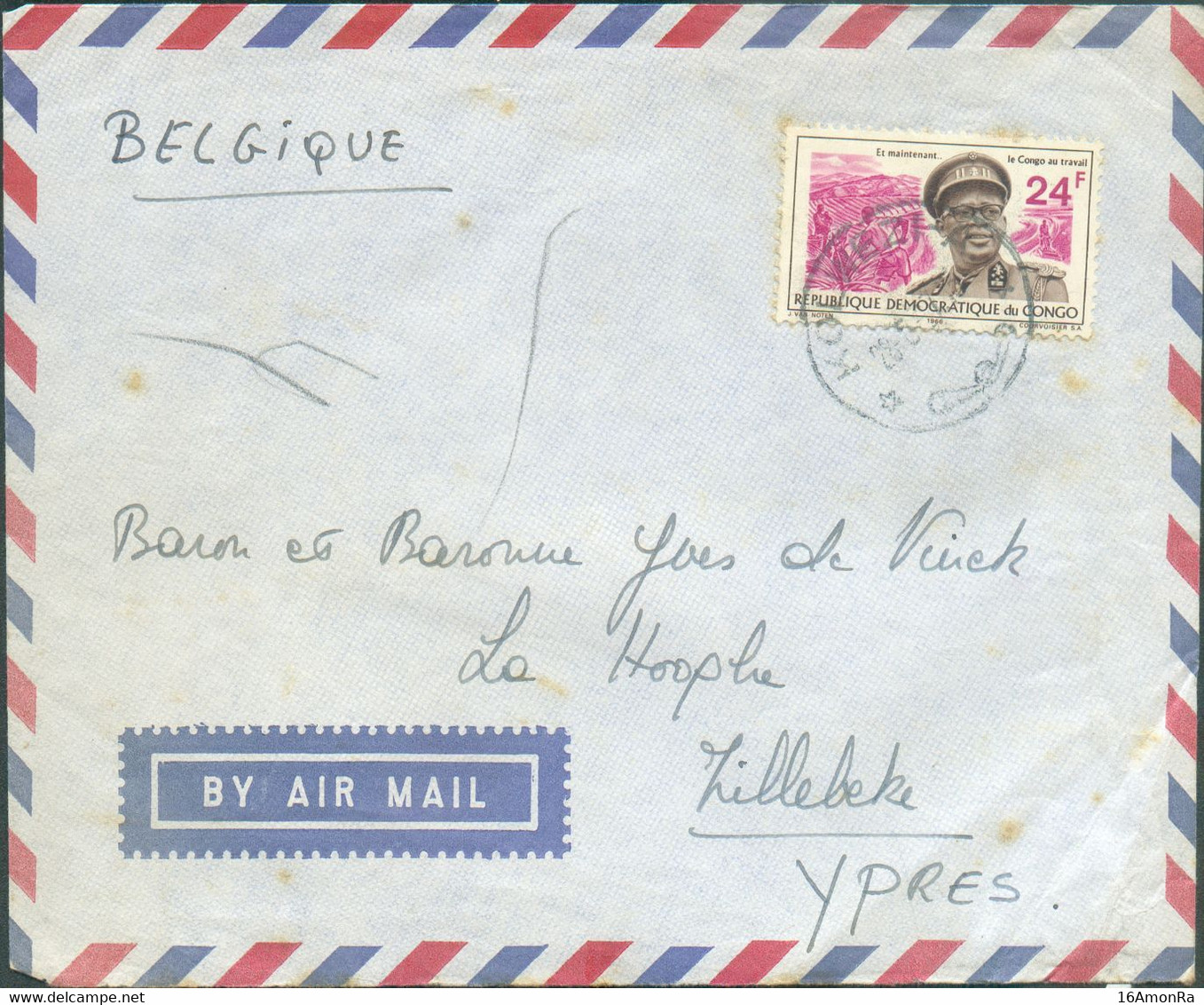 Lettre Par Avion Affr. à 24Fr. (type MOBOUTU)  Obl. Sc KOLWEZI du 28-5-1971 Vers Villebeke Ypres .  18580 - Cartas & Documentos