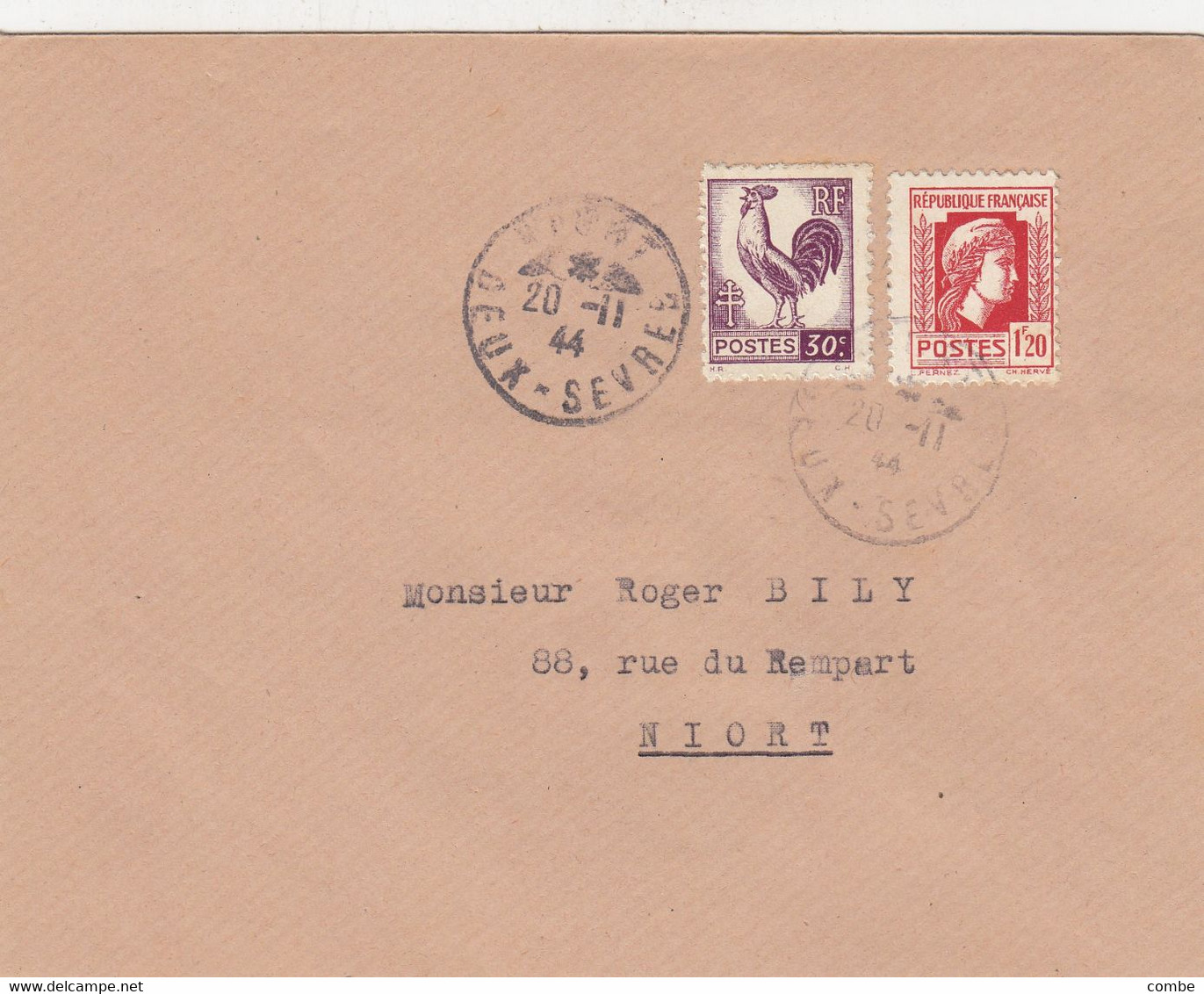 LETTRE. 20 11 44. COQ ALGER 30c +  MARIANNE 1,20Fr.  NIORT - 1944 Coq Et Maríanne D'Alger