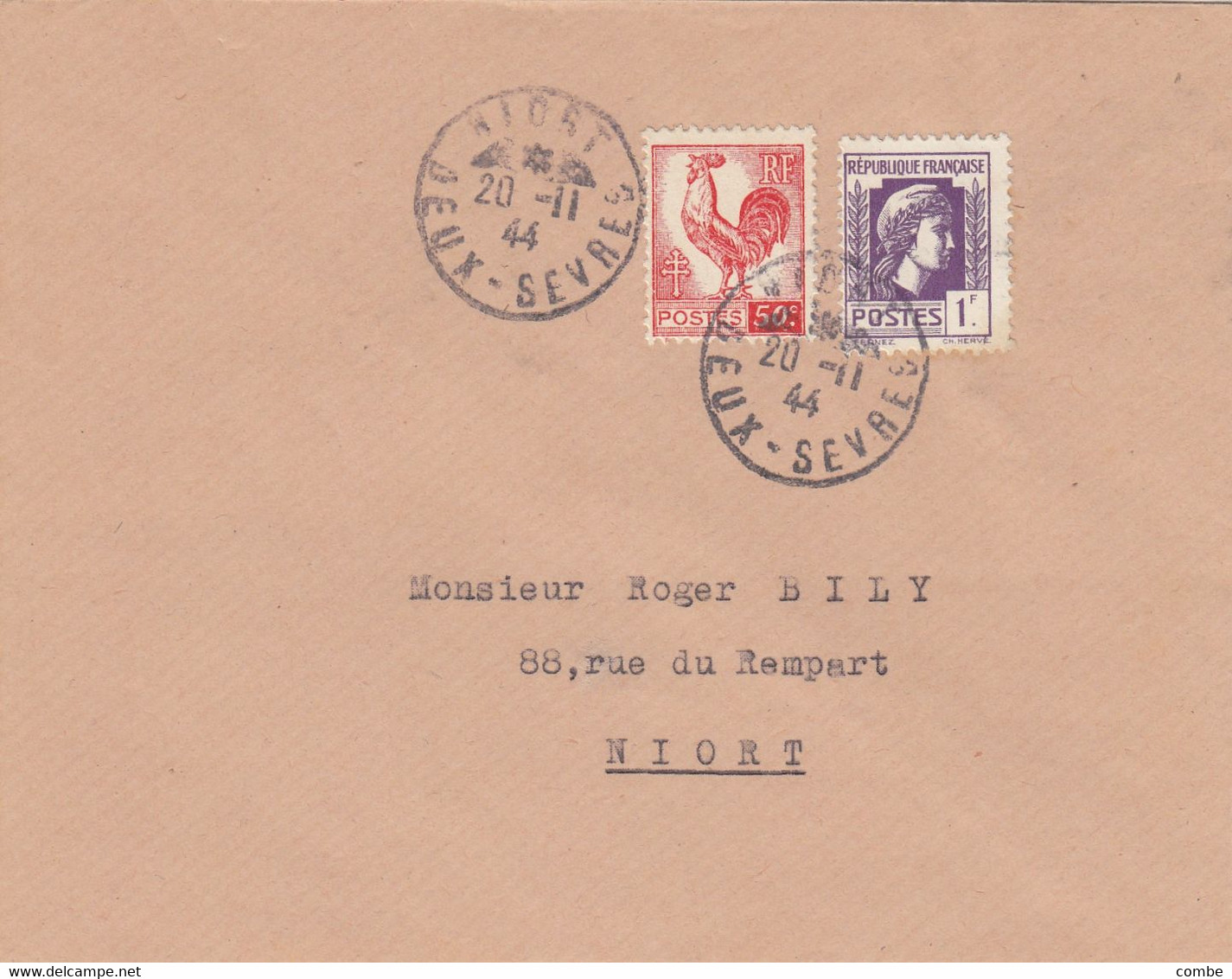 LETTRE. 20 11 44. COQ ALGER 50c +  MARIANNE 1Fr.  NIORT - 1944 Hahn Und Marianne D'Alger