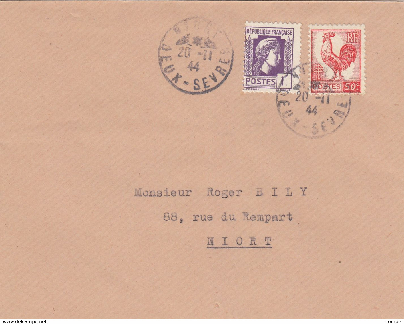 LETTRE. 20 11 44. COQ ALGER 50c +  MARIANNE 1Fr.  NIORT - 1944 Hahn Und Marianne D'Alger