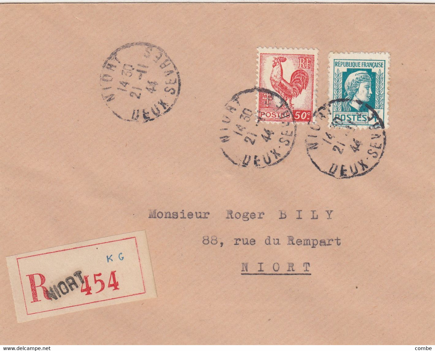 LETTRE. 21 11 44. COQ ALGER 50c + 40c + MARIANNE 1Fr.  RECOMMANDE NIORT - 1944 Hahn Und Marianne D'Alger