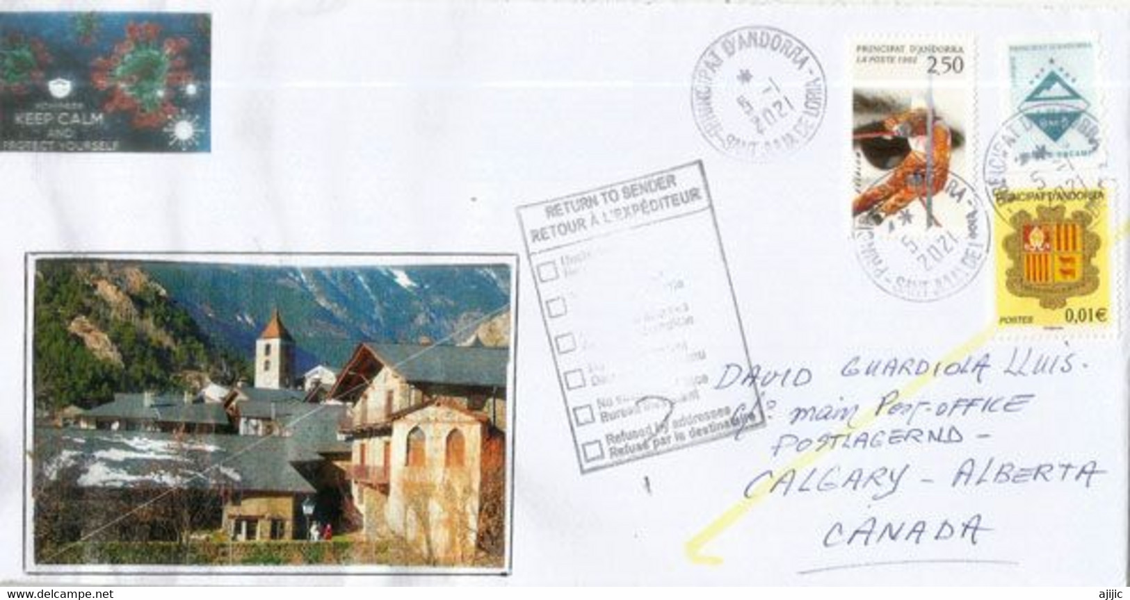 Lettre D'Andorre Adressée Au Canada Pendant Confinement Covid-19 , Return To Sender, Deux Photos - Storia Postale