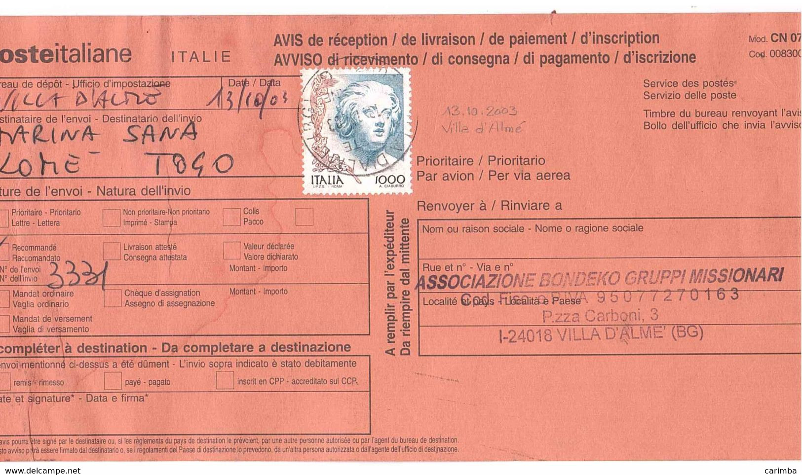 £1000 DONNE AVVISO RICEVIMENTO ESTERO TOGO - 1991-00: Poststempel