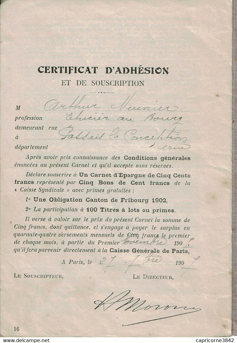 1907 - Carnet D'épargne De La CAISSE GENERALE DE PARIS + 1 Certificat Nominatif Provisoire (très Usagé) - Bank & Versicherung