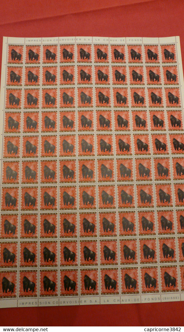 1959 - Ruanda-Urundi - LE GORILLE - Feuille Entière De 100 Tp  - Yvert N° 205 (feuille Pliée) - Unused Stamps