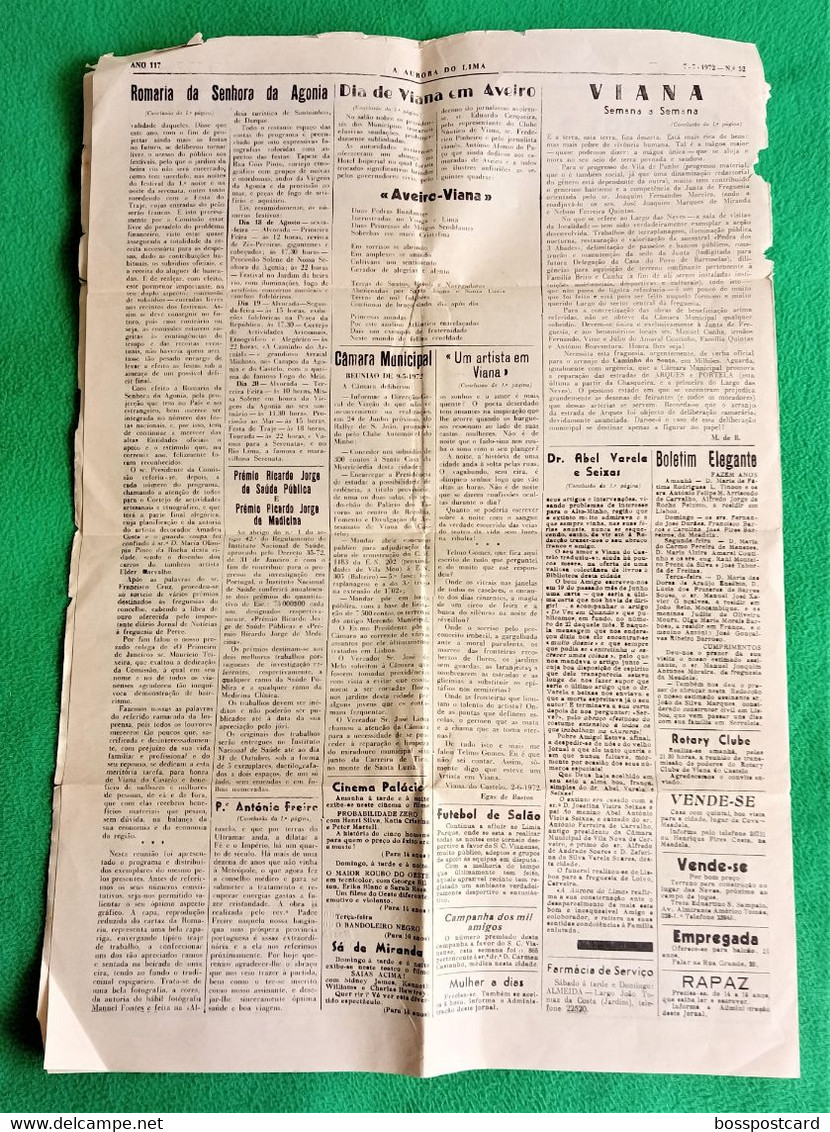 Viana Do Castelo - Jornal A Aurora Do Lima Nº 52, 7 De Julho De 1972 - Imprensa (jornal C/ 4 Folhas, Incompleto?) - General Issues