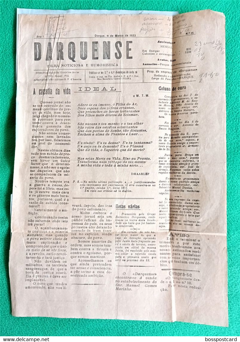 Viana Do Castelo - Darque - Jornal Darquense Nº 15 De 11 De Março De 1923 - Imprensa - Portugal (colado E Danificado) - Algemene Informatie