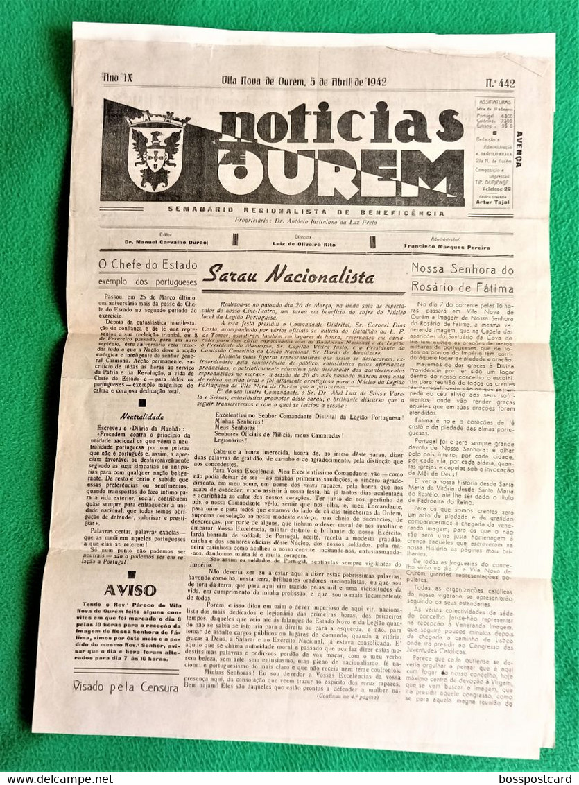 Vila Nova De Ourém - Jornal Notícias De Ourém Nº 442, 5 De Abril De 1942 - Imprensa. Leiria. Santarém. Portugal - Informations Générales