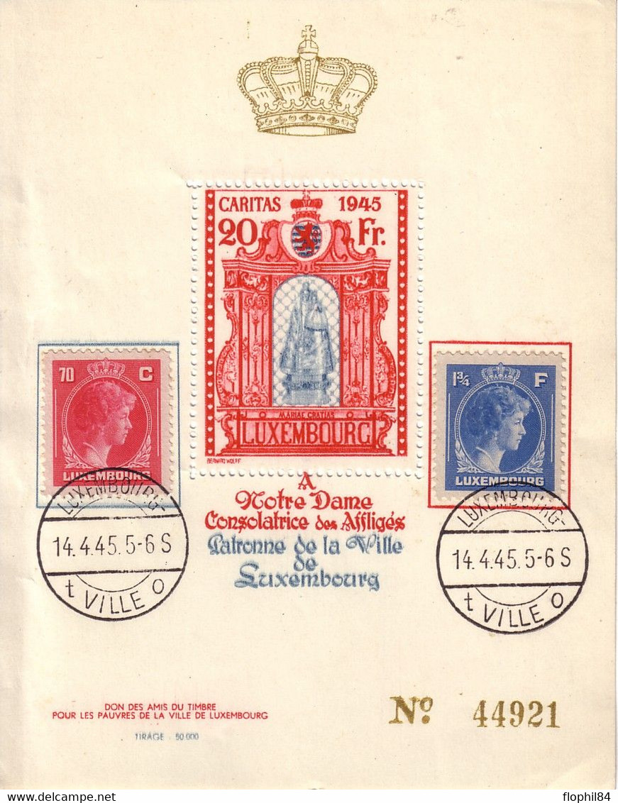 LUXEMBOURG - FEUILLET CARITAS 1945 - 20FR BLOC AVEC TIMBRES - CACHET LUXEMBOURG VILLE - 14-4-1945. - Andere & Zonder Classificatie