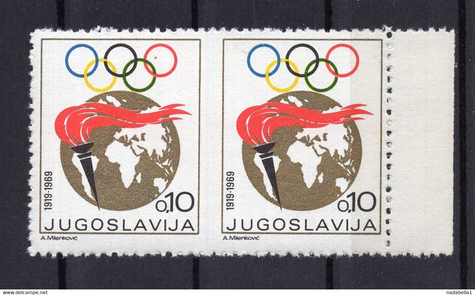 1969 YUGOSLAVIA, OLYMPIC GAMES, PAIR,IMPERF, 0.10 DIN. ADDITIONAL STAMP, MNH, COMPULSORY USE FOR ONE WEEK ONLY - Non Dentelés, épreuves & Variétés