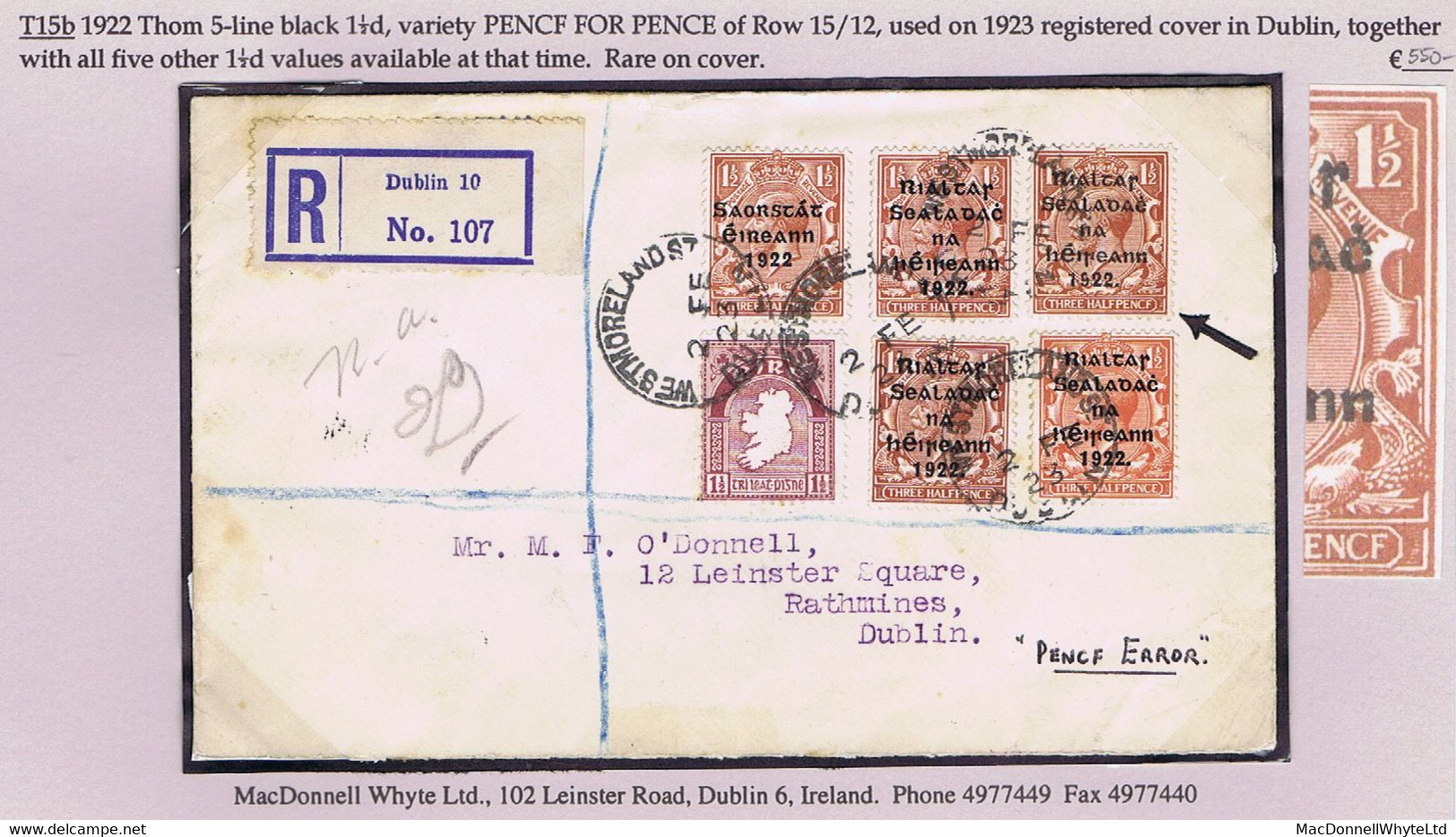 Ireland 1922 Thom Rialtas Ovpt In Black On 1½d Brown Error PENCF For PENCE Used On Registered Cover Dublin 2 FE 23 - Covers & Documents