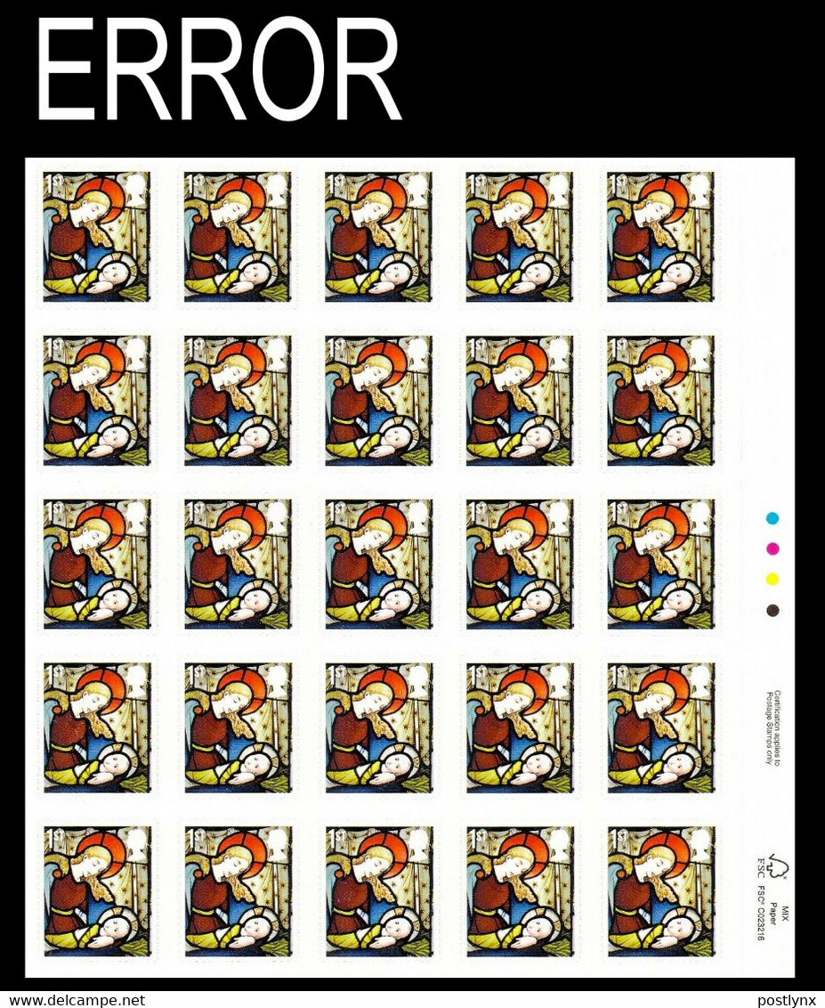 GREAT BRITAIN 2020 Stainless Glass Christmas Madonna Jesus 1st Traffic COMPLETE SHEET:25 Stamps  ERROR:Intact Matrix GB - Variétés, Erreurs & Curiosités