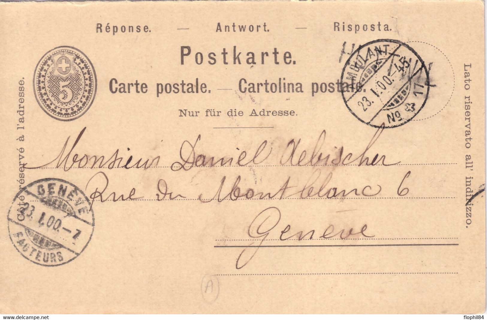 ENTIER POSTAL - CACHET A DATE AMBULANT N°17  DU 23-01-1900 - GARE DE HUTTWIL. - Marcophilie