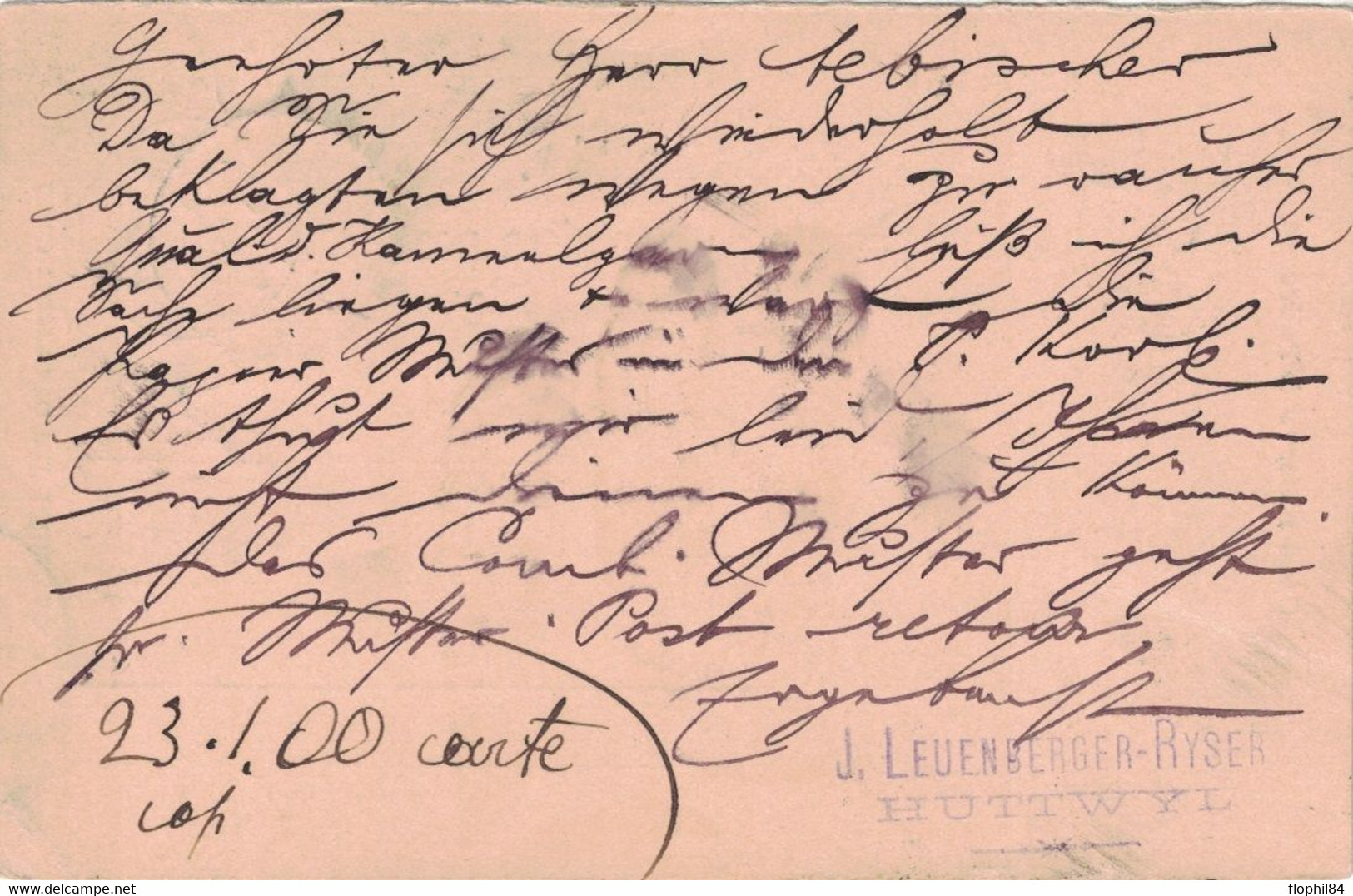 ENTIER POSTAL - CACHET A DATE AMBULANT N°17  DU 23-01-1900 - GARE DE HUTTWIL. - Marcophilie