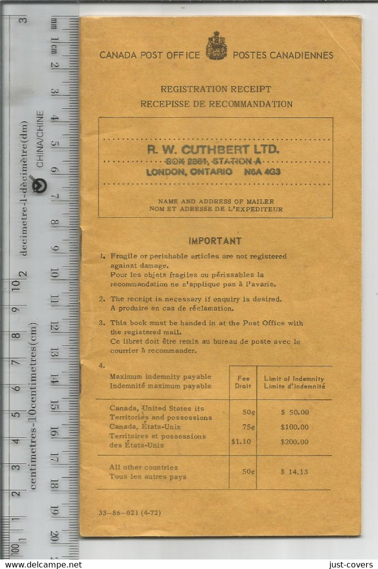 Canada Registration Receipt Book See Description..................(Box 8) - Raccomandate