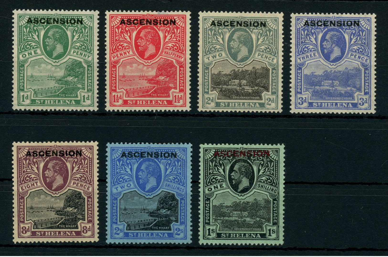 Ascension 1922 KGV St. Helena Ovptd. Set Less The 3/- Value, MH * Orig. Gum, SG 1-7, 9, Cat. £185, Uncommon - Ascension