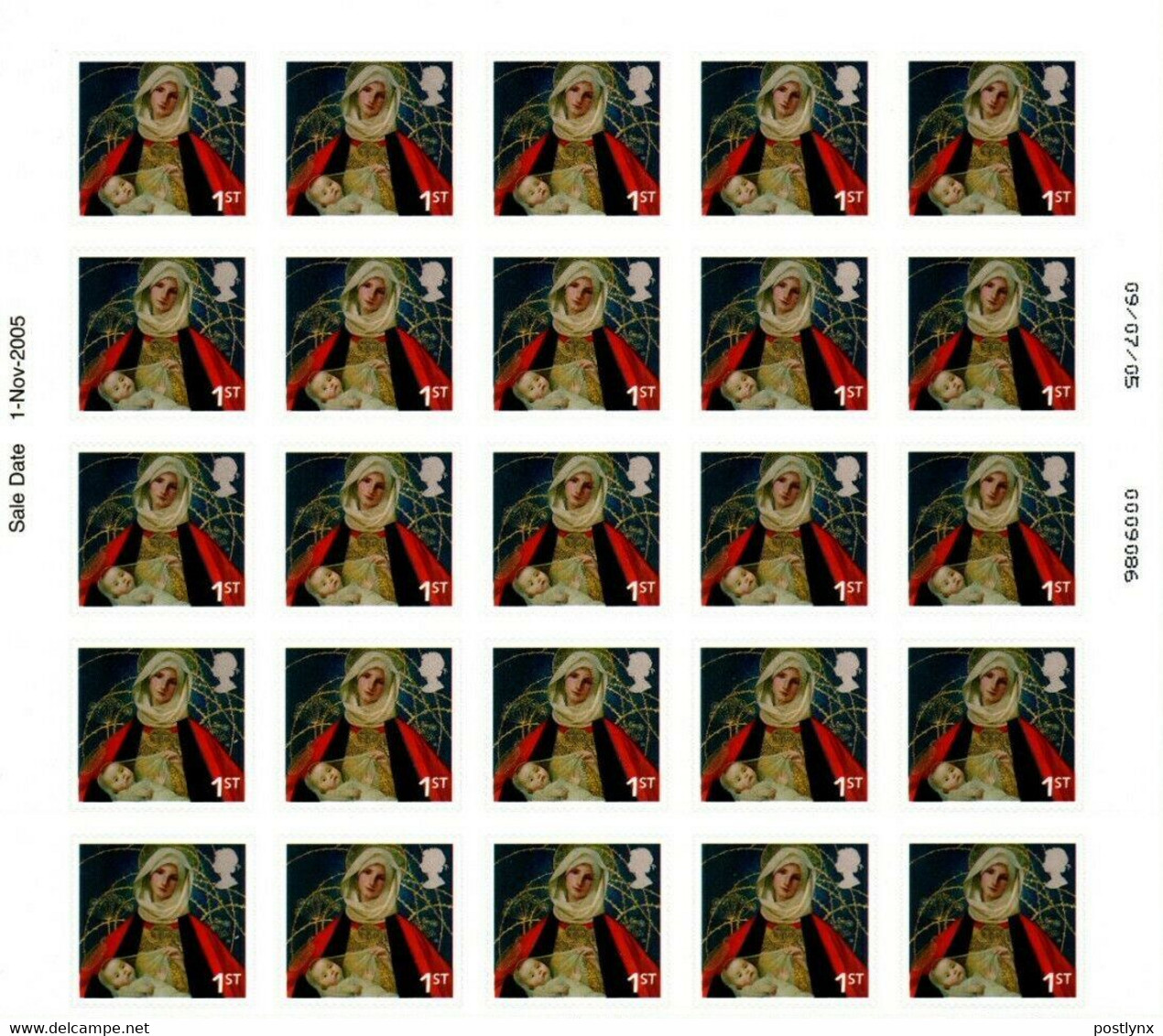 GREAT BRITAIN 2005 Christmas 1st Maria Jesus Painting Date Number COMPLETE SHEET:25 Stamps ERROR:Intact Matrix Pp GB - Variétés, Erreurs & Curiosités