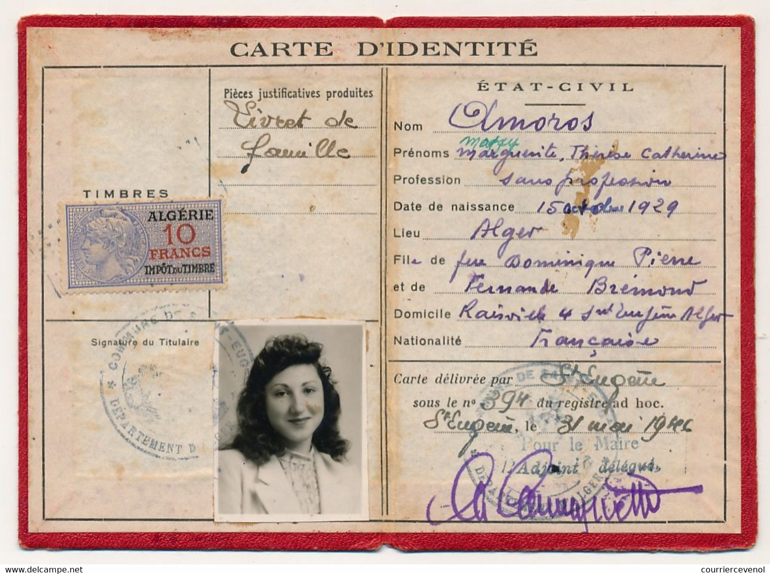 ALGERIE - Timbre Fiscal Type Daussy / Algérie 10F Sur Carte D'identité - 1949 - Documents Historiques