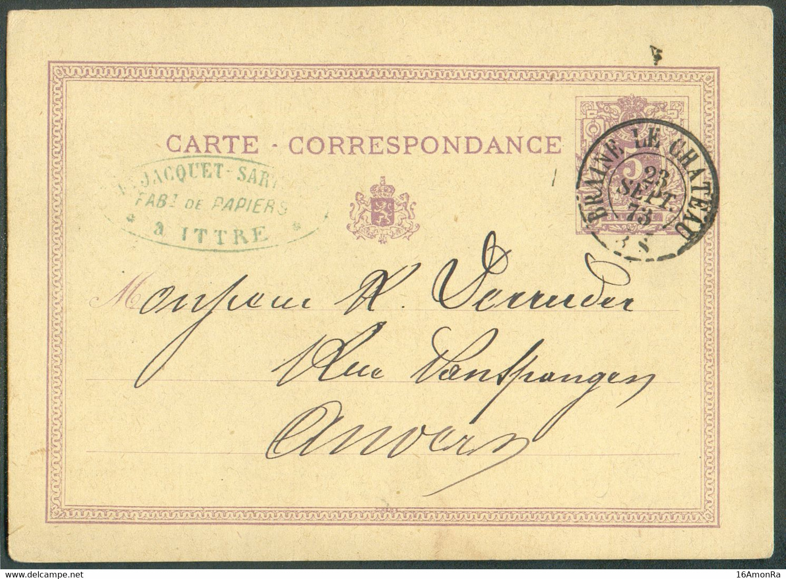 E.P. Carte 5 Centimes Lilas (type 30) Sur Jaune Clair, Obl. Dc BRAINE-le-CHÂTEAU 23 Sept. 1873 Vers Anvers + Cachet D'ex - Briefkaarten 1871-1909