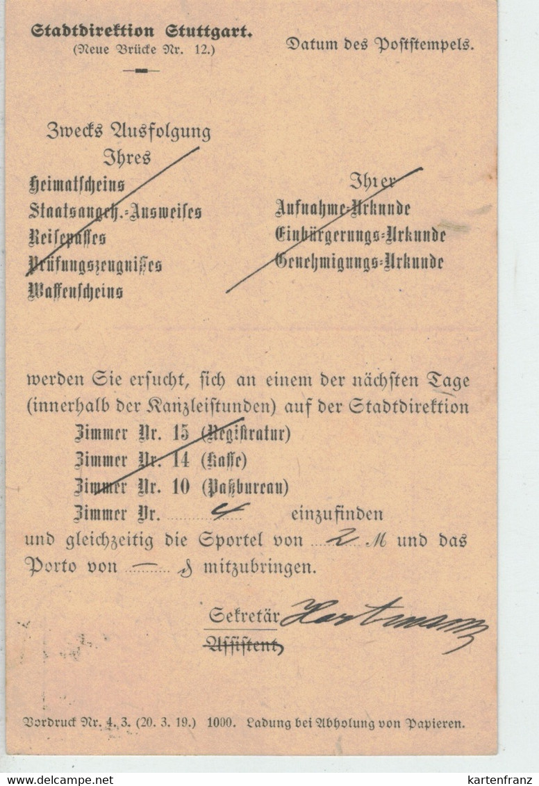 DR Württemberg Ganzsache Postkarte PP - Stadtdirektion Stuttgart - O 1919 - Sonstige & Ohne Zuordnung