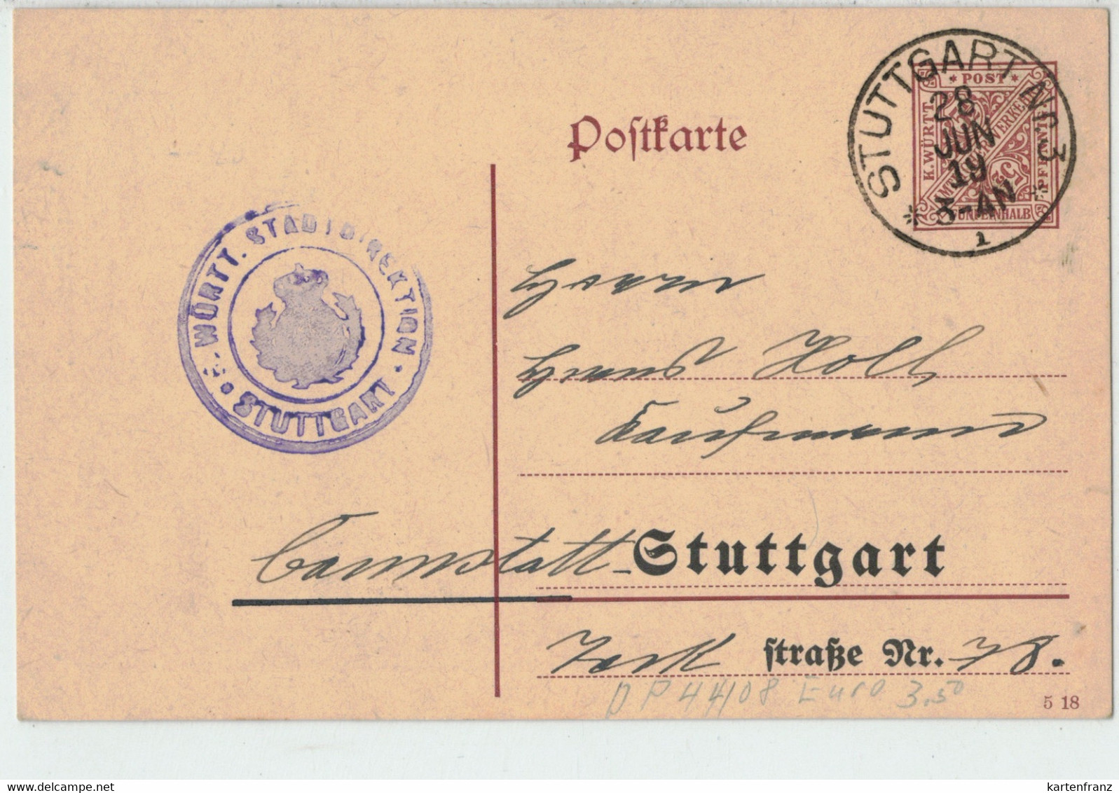 DR Württemberg Ganzsache Postkarte PP - Stadtdirektion Stuttgart - O 1919 - Sonstige & Ohne Zuordnung