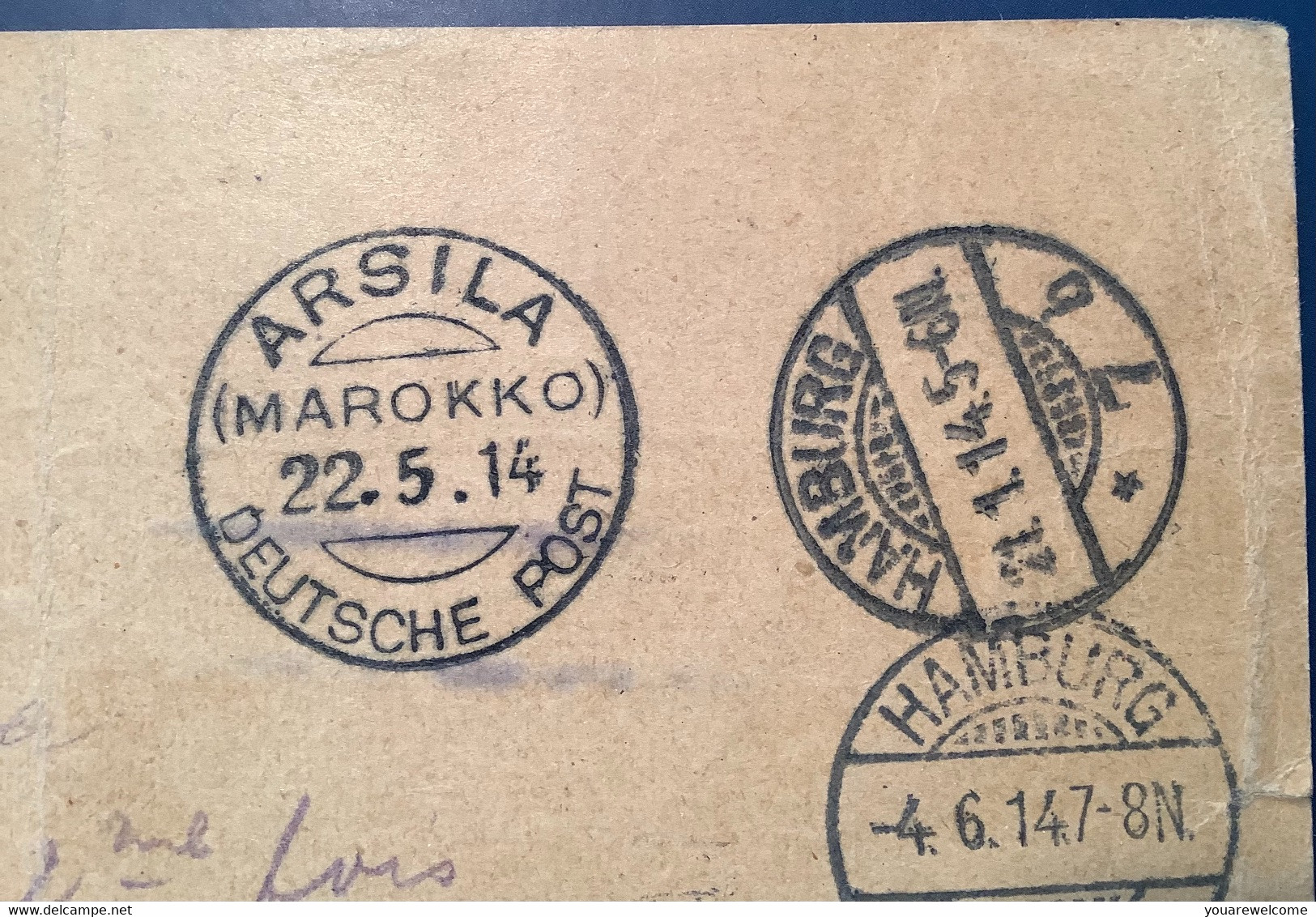 "ARSILA DEUTSCHE POST MAROKKO 1914" STPL RRR ! Auf Paketkarte Schweiz 1908 Ausgabe(Brief Cover Lettre Maroc Morocco - Maroc (bureaux)