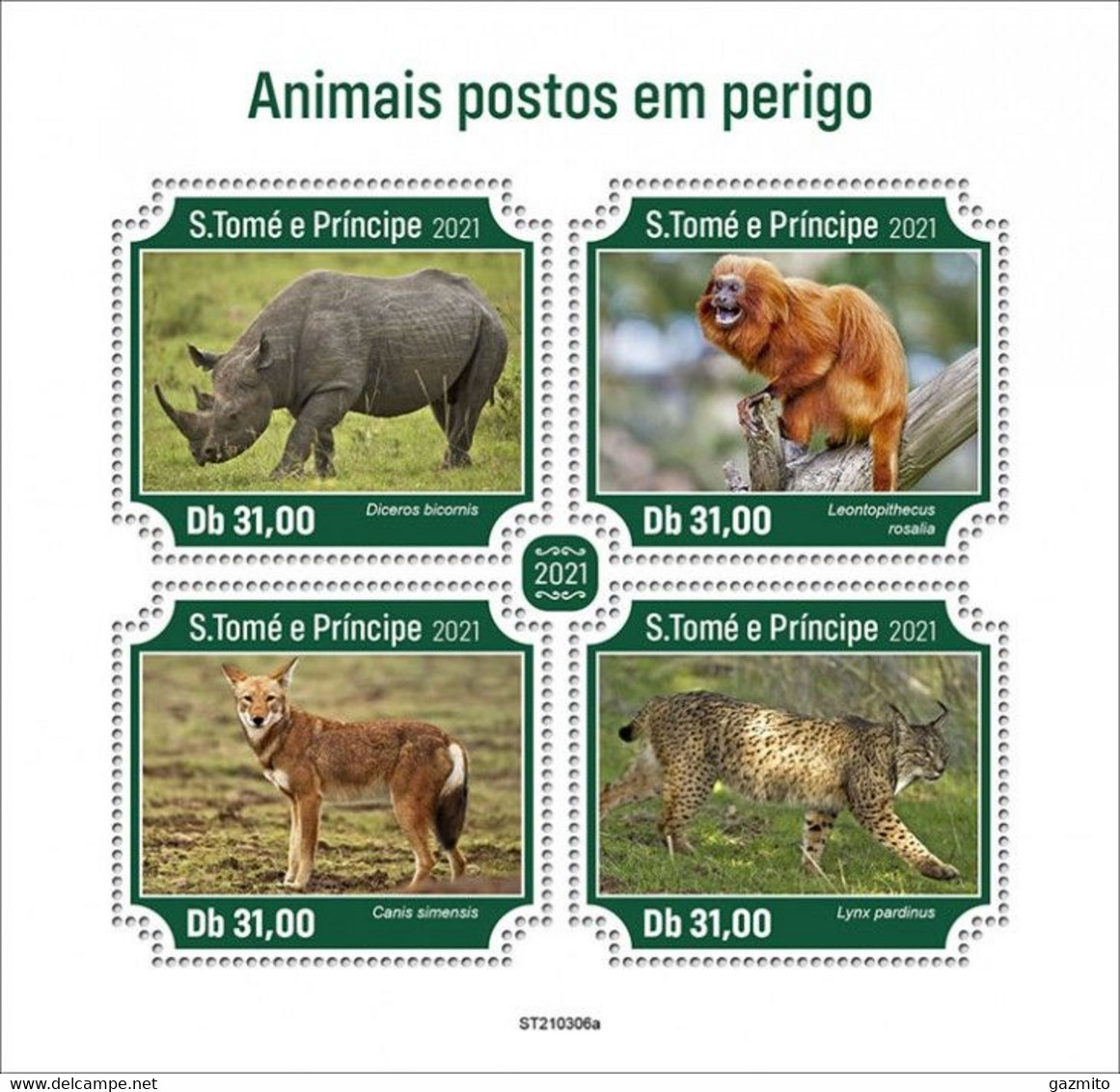 S. Tomè 2021, Animals In Danger, Rhino, Monkey, Linx, 4val In BF - Chimpanzees