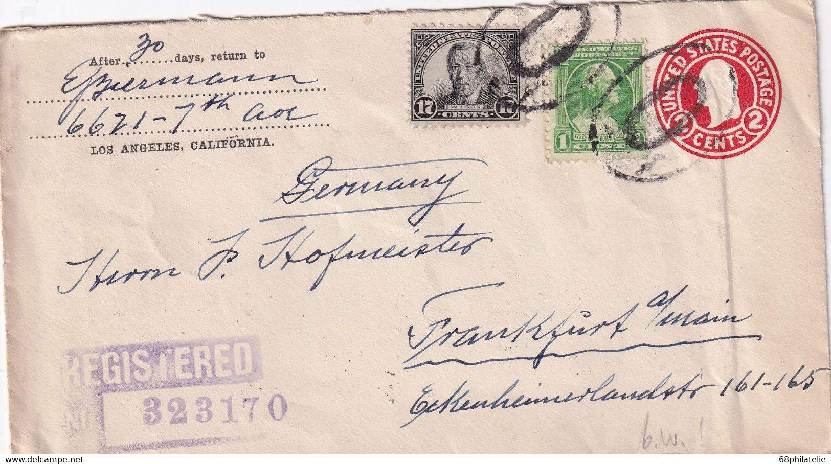 USA 1932    ENTIER POSTAL/GANZSACHE/POSTAL STATIONERY LETTRE RECOMMANDEE DE LOS ANGELES AVEC CACHET ARRIVEE FRANKFURT - 1921-40