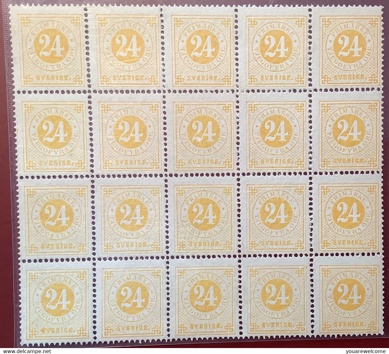 Sweden UNIQUE RARITY Facit 34h VF ** MNH LARGEST KNOWN MULTIPLE ! 1877 Ringtyp 24 öre Yellow Cert HOW(Sverige Mint Suéde - Neufs