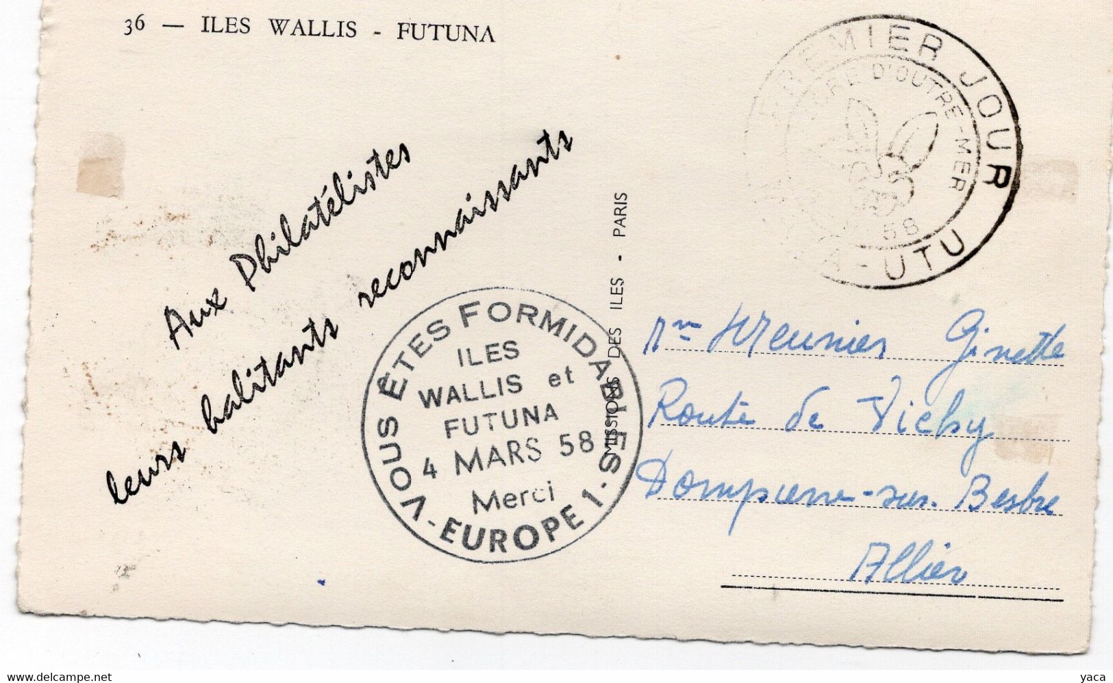 Iles Wallis Futuna Aux Philatélistes Les Habitants Reconnaissants " Vous Etes Formidables Europe 1 Mars 58 " - Wallis En Futuna