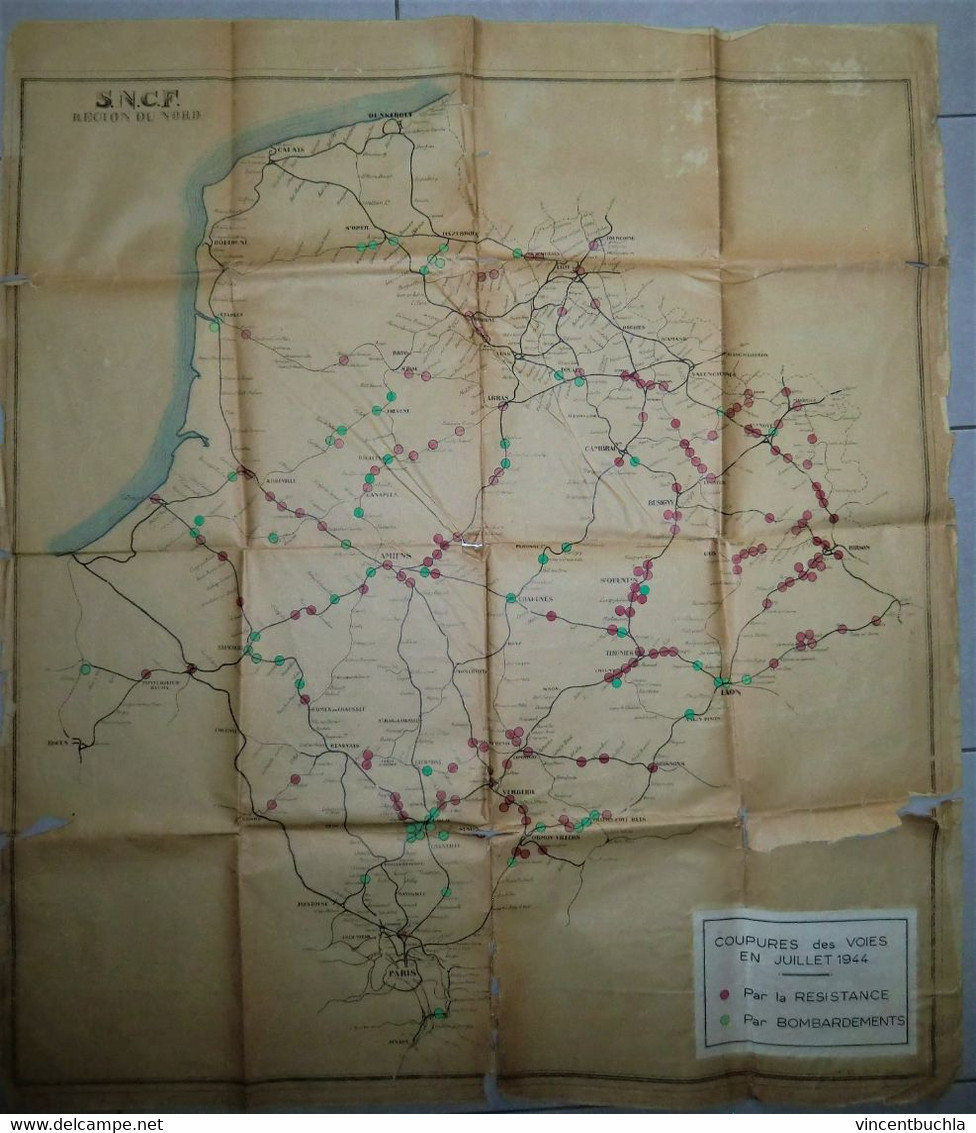 Rare Carte SNCF Nord Coupure Voies Juillet 1944 Resistance Bombardement Document Historique - Europe