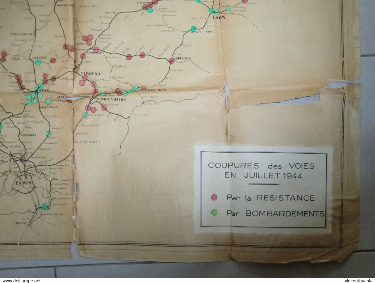 Rare Carte SNCF Nord Coupure Voies Juillet 1944 Resistance Bombardement Document Historique - Europe