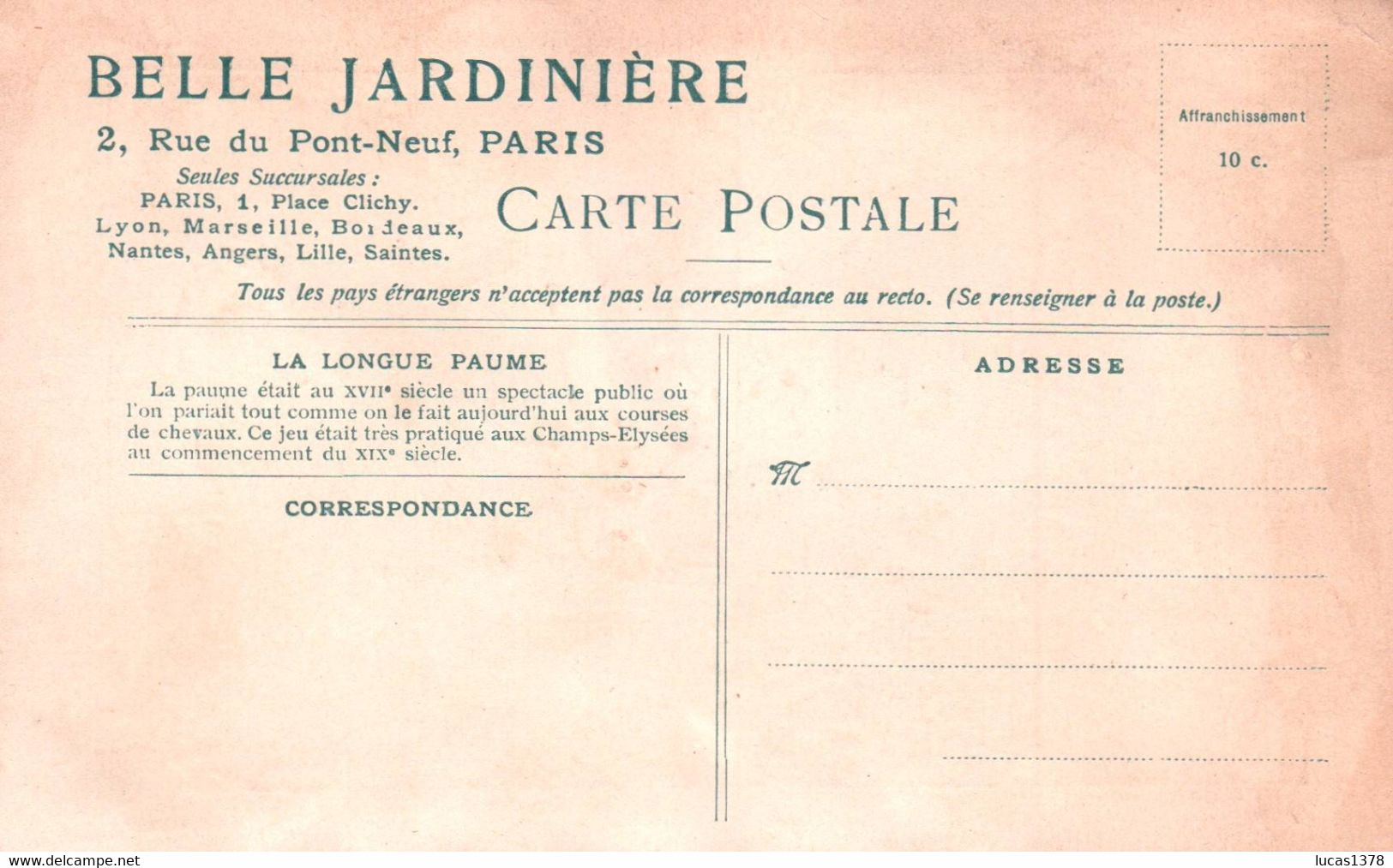 CARTE PUBLICITAIRE BELLE JARDINIERE / SERIE SPORTS ET JEUX D ADRESSE / LA LONGUE PAUME - Sonstige & Ohne Zuordnung