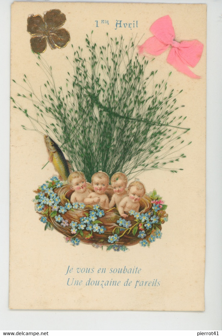 BEBES - 1ER AVRIL - Jolie Carte Fantaisie Avec Ajoutis Bébés Dans Nid Avec Fleurs Ruban Rose Trèfle & Poisson D'avril - Erster April