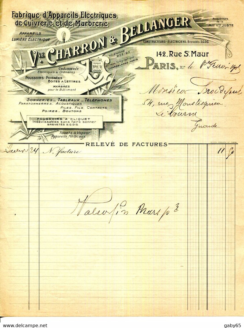 PARIS.FABRIQUE D'APPAREILS ELECTRIQUES,DE CUIVRERIE.APPAREILS POUR LUMIERE ELECTRIQUE.Vve.CHARRON & BELLANGER. - Electricité & Gaz