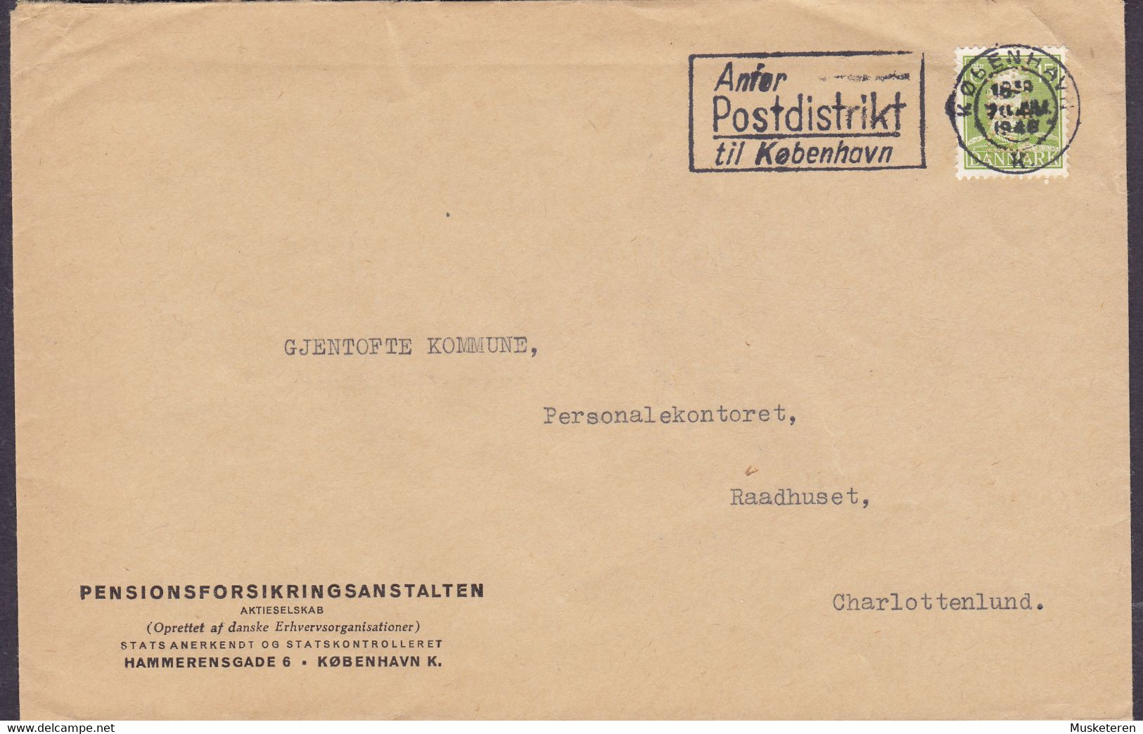 Perfin Perforé Lochung (P16) 'PFA' Pensionsforsikringsanstalten KØBENHAVN 194? Cover GENTOFTE Kommune CHARLOTTENLUND - Errors, Freaks & Oddities (EFO)