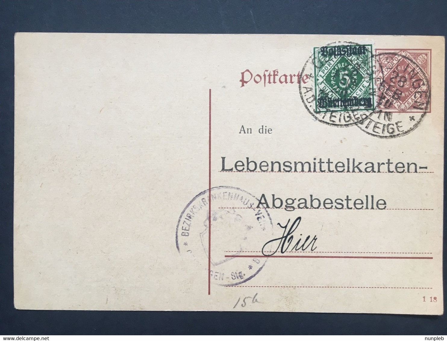 WURTTEMBERG 1920 Pre-paid Postcard 51/2pf Uprated 5pf Geislingen To Hier - `Bezirkskrankenhaus-Verwaltung` - Altri & Non Classificati