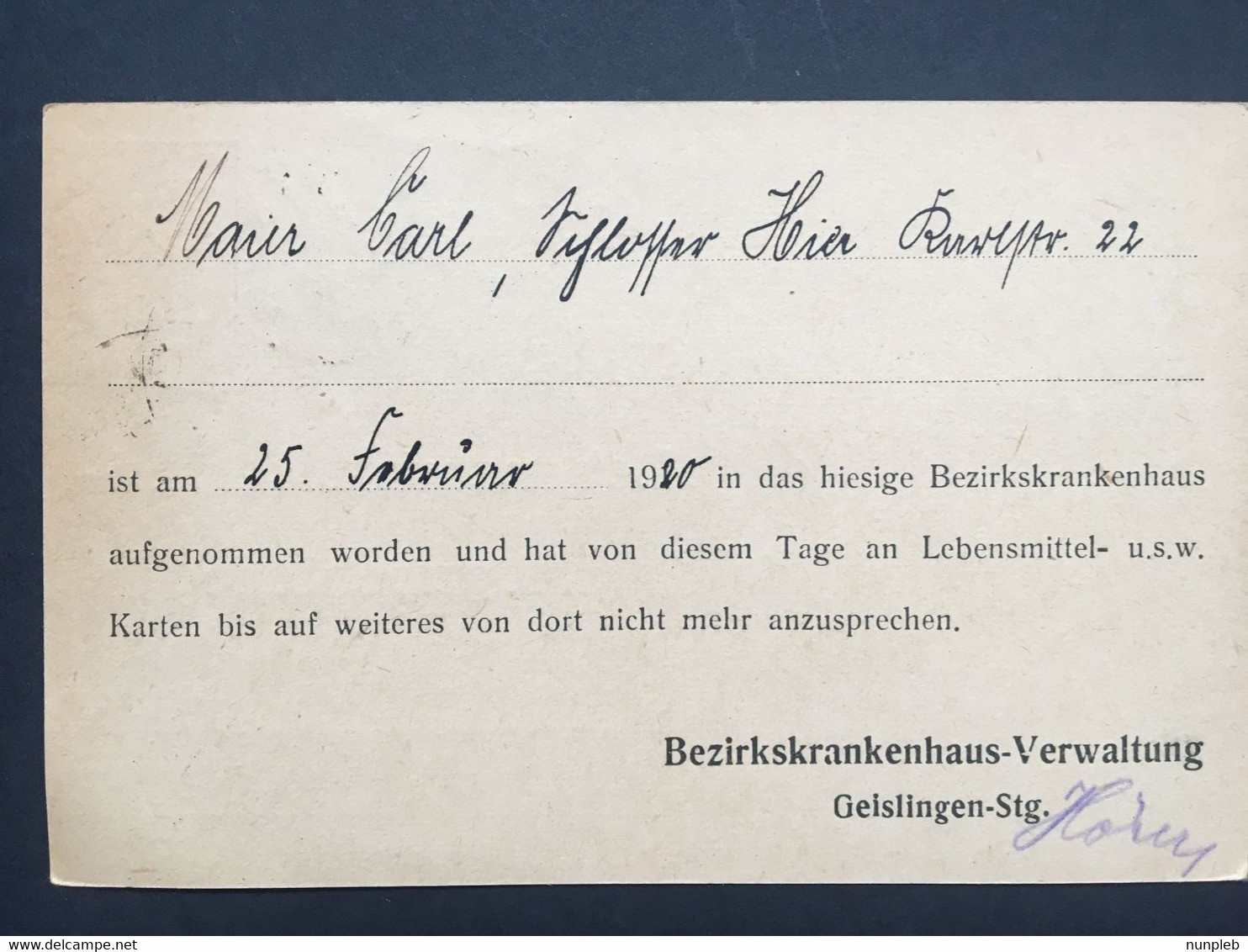 WURTTEMBERG 1920 Pre-paid Postcard 51/2pf Uprated 5pf Geislingen To Hier - `Bezirkskrankenhaus-Verwaltung` - Altri & Non Classificati