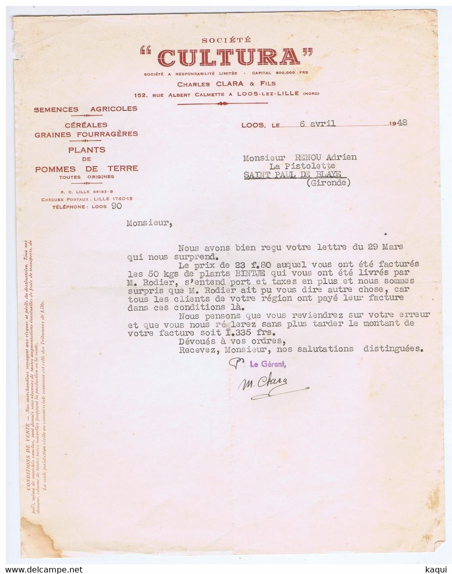 NORD - LOOS-LEZ-LILLE - Charles CLARA " CULTURA " - Semences, Plants, Etc...152 Avenue Albert Calmette ( 2 Factures ) - Autres & Non Classés