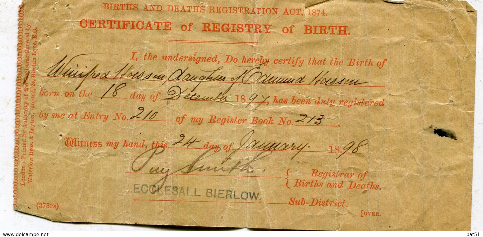 ROYAUME - UNI / UNITED KINGDOM - Sheffield : Ecclesall Bierlow - Certificate Of Registry Of Birth - 1898 - Sheffield