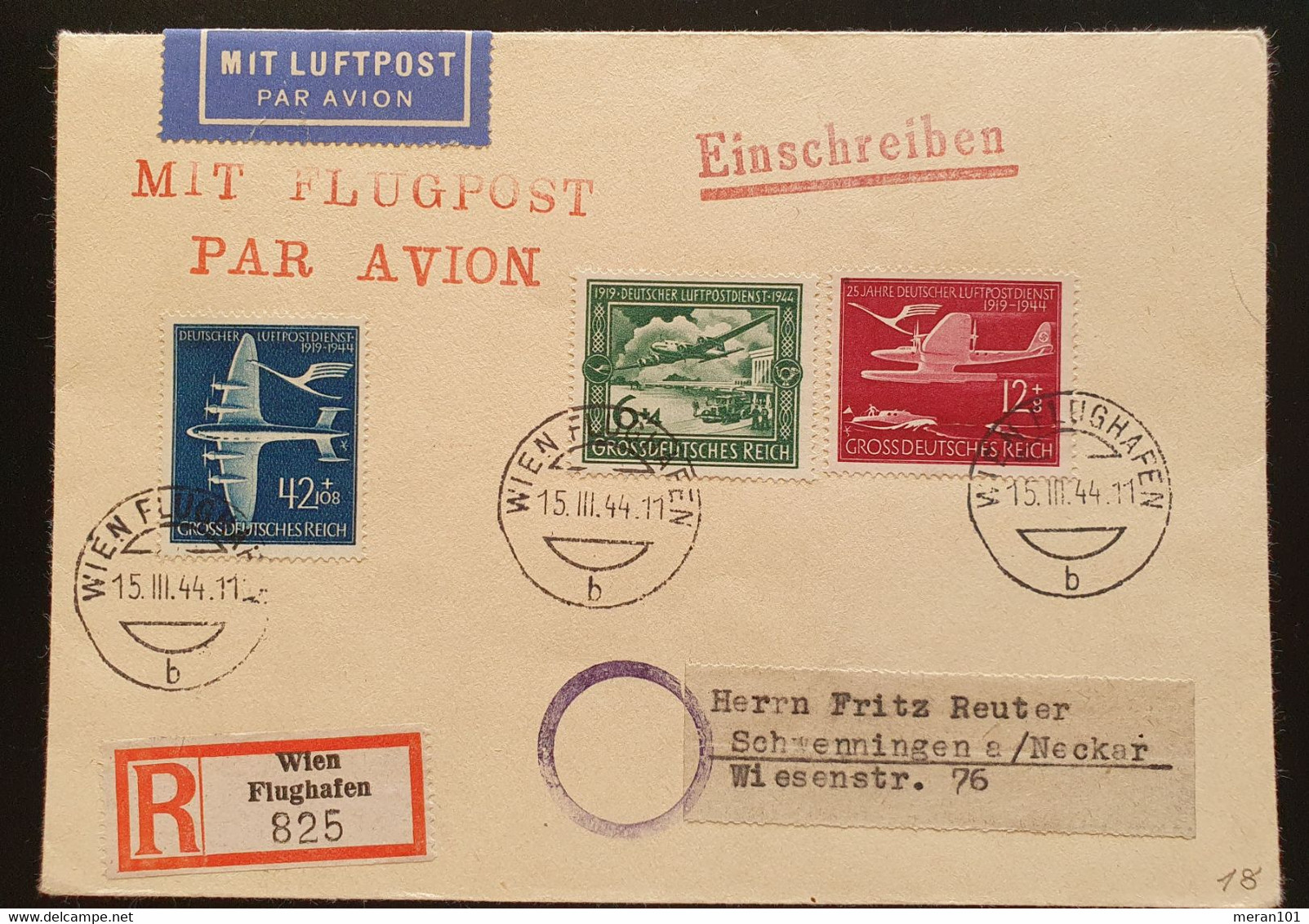 Österreich/DR 1944, FLUGPOST Reko Satzbrief Mi 866-68 WIEN Flughafen Nach SCHWENNINGEN - Lettres & Documents