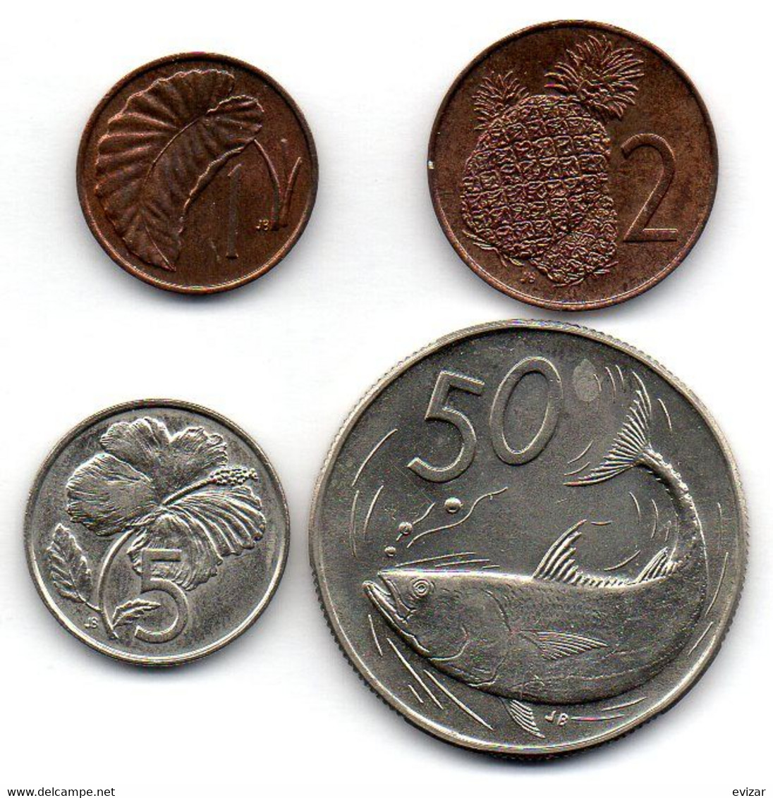 COOK ISLANDS, Set Of Four Coins 1, 2, 5, 50 Cents, Bronze, Copper-Nickel, Year 1983, KM #1, 2, 3, 6.1 - Cook