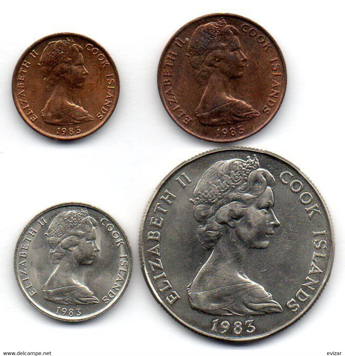 COOK ISLANDS, Set Of Four Coins 1, 2, 5, 50 Cents, Bronze, Copper-Nickel, Year 1983, KM #1, 2, 3, 6.1 - Cookeilanden