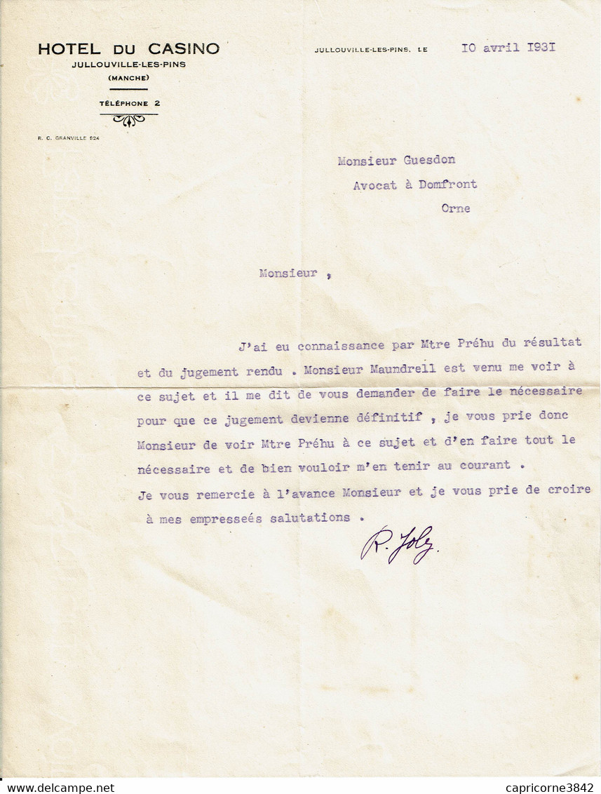 1931 - Lettre à Entête De L'HOTEL DU CASINO De Jullouville-les-Pins (Manche) - Sport En Toerisme