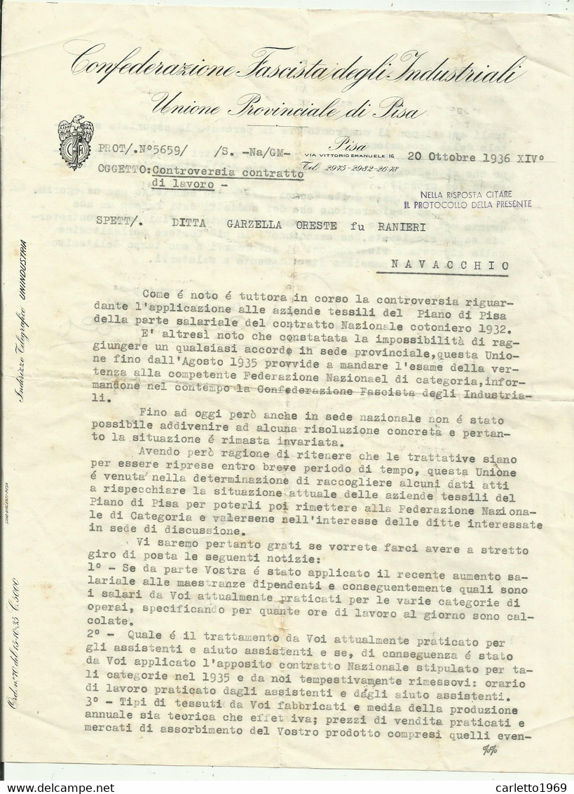 CONFEDERAZIONE FASCISTA DEGLI INDUSTRIALI UNIONE PROVINCIALE DI PISA - NAVACCHIO 1936 - CONTROVERSIA CONTRATTO LAVORO - Historical Documents