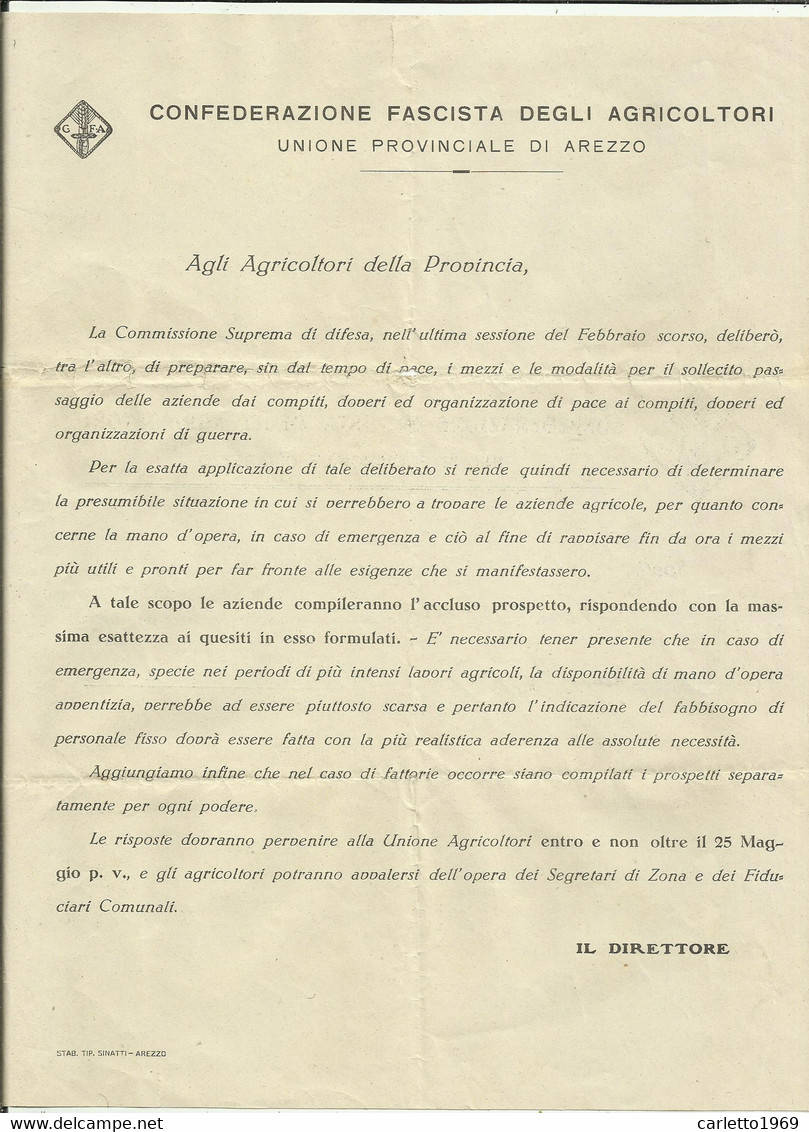 CONFEDERAZIONE FASCISTA DEGLI AGRICOLTORI AREZZO 1940 - Historische Documenten