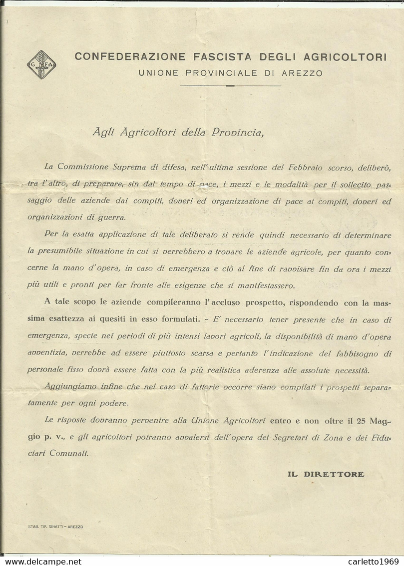 CONFEDERAZIONE FASCISTA DEGLI AGRICOLTORI AREZZO 1940 - Documents Historiques