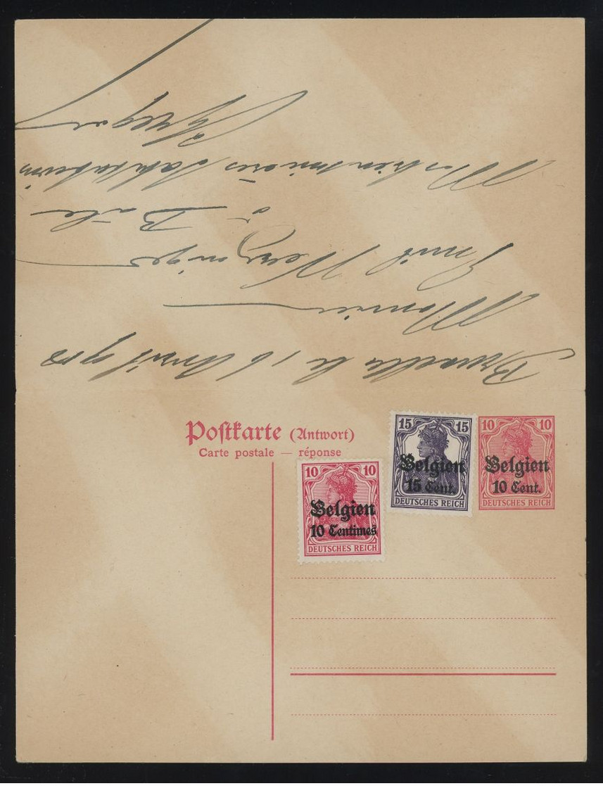 German WWI Occ. In Belgium 1918 10c UN-SEVERED REPLY POST CARD Sent Reg. From Sint-Jans Molenbeek To CH, Up-rated - OC1/25 Governo Generale